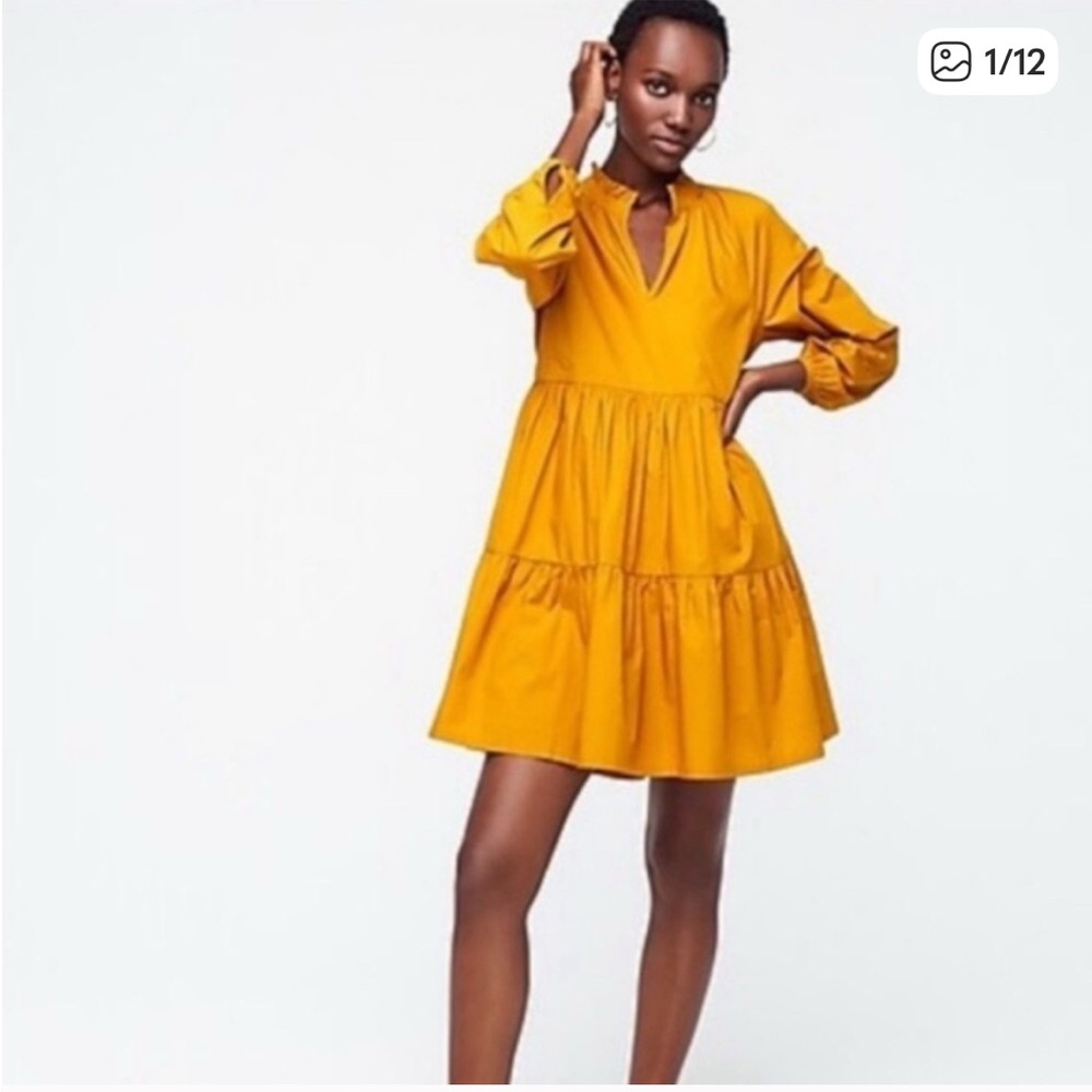 J crew tiered popover boho mustard dress with ruffle neck